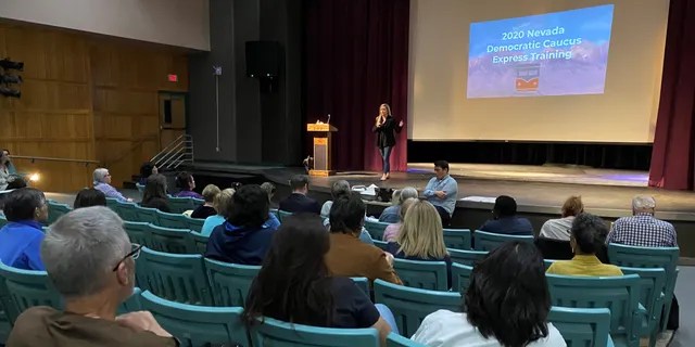 The Nevada Democratic Party holds a caucus training session for precinct volunteers, at Silverado High School in Las Vegas on Feb. 21, 2020