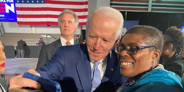 Former Vice President Joe Biden takes a selfie with a supporter at his South Carolina victory celebration, on Feb. 29, 2020 in Columbia, S.C. (Fox News)