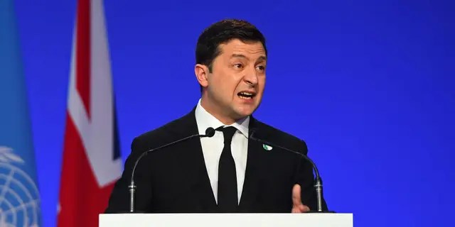 Ukraine's Zelenskyy presents his national statement during day two of COP26 at SECC on Nov. 1, 2021 in Glasgow, United Kingdom. (Photo by Andy Buchanan - Pool/Getty Images)