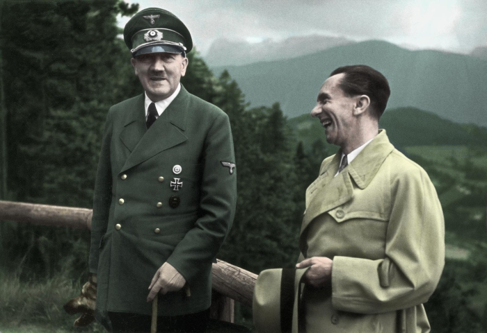 Nazi dictator Adolf Hitler and Minister of Propaganda Joseph Goebbels. (Screenshot, history.com)