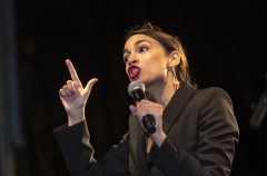 Rep. Alexandria Ocasio-Cortez (D-NY) lectures at the People Climate March. (Photo by Ole Jensen/Getty Images)