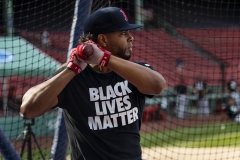 Xander Bogaerts #2 of the Boston Red Sox wears a Black Lives Matter shirt during batting practice before the Opening Day game against the Baltimore Orioles on July 24, 2020. (Photo credit: Billie Weiss/Boston Red Sox/Getty Images)