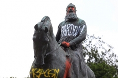 A vandalized status in Brussels of King Leopold II of Belgium. (Photo by Thierry Roge/Belga/AFP via Getty Images)