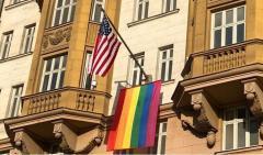 Homosexual rainbow flag draped from U.S. Embassy in Moscow. (U.S. State Department)