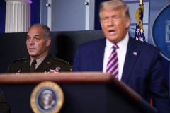 President Donald Trump holds a press conference, flanked by Army Gen. Gustave Perna (L), who is leading Operation Warp Speed, in the Brady Press Briefing Room at the White House in Washington, DC, September 18, 2020. (Photo by SAUL LOEB/AFP via Getty Images)