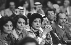 Leila Khaled, center, at a Palestinian National Council meeting in Algiers in 1983. (Photo by Alain Nogues/Sygma/Sygma via Getty Images)