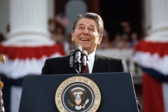 President Ronald Reagan, campaigning for a second term of office, smiles during a rally speech at the California State Capitol the day before the 1984 presidential election. (Photo credit: © Wally McNamee/CORBIS/Corbis via Getty Images)