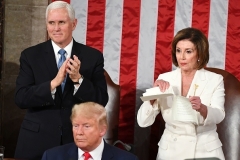 House Speaker Nancy Pelosi rips up her copy of President Trump's speech as he concludes his State of the Union address on February 4, 2020. (Photo by Mandel Ngan/AFP via Getty Images)