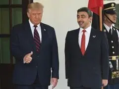 President Donald Trump welcomes Foreign Minister of the United Arab Emirates, Sheikh Abdullah bin Zayed bin Sultan al Nahyan,, to the White House on Sept. 15, 2020.(Photo by ANDREW CABALLERO-REYNOLDS/AFP via Getty Images)