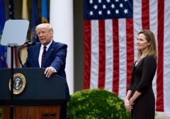 President Donald Trump speaks next to Judge Amy Coney Barrett at the Rose Garden of the White House in Washington, DC, on September 26, 2020. - Judge Amy Coney Barrett, who was nominated Saturday to the US Supreme Court, is a darling of conservatives for her religious views but detractors warn her confirmation would shift the nation's top court firmly to the right. (Photo by OLIVIER DOULIERY/AFP via Getty Images)