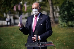 Director of the National Economic Council Larry Kudlow speaks to reporters after a TV interview outside of the West Wing of the White House in Washington, DC on October 9, 2020. (Photo by MANDEL NGAN/AFP via Getty Images)