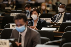 Masked delegates at a U.N. Human Rights Council session in Geneva. (Photo by Fabrice Coffrini/Pool/AFP via Getty Images)