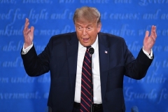 President Donald Trump gestures during the first presidential debate in Cleveland, Ohio, on September 29, 2020. (Photo by SAUL LOEB/AFP via Getty Images)