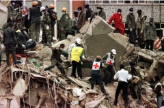 The aftermath of the Aug. 7, 1998 bombing of the U.S. Embassy in Nairobi. (Photo by AFP via Getty Images)