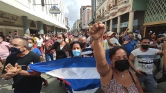 Cuban protestors in Havana on Sunday chanted “Freedom!” and “Down with the dictatorship!” (Photo by Yamil Lage/AFP via Getty Images)