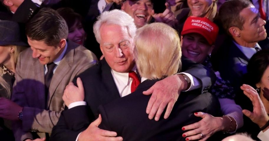 Then-President-elect Donald Trump (R) embraces his brother Robert Trump after delivering his acceptance speech at the New York Hilton Midtown in the early morning hours of Nov. 9, 2016 in New York City.