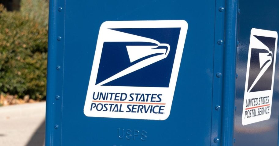 A United States Postal Service logo is pictured on the side of a dropbox in Washington, D.C.