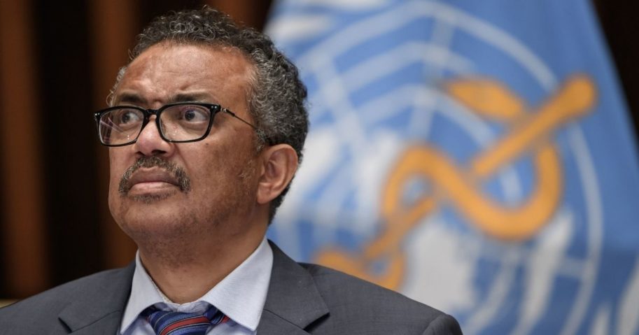 World Health Organization Director-General Tedros Adhanom Ghebreyesus attends a news conference organized by the Geneva Association of U.N. Correspondents amid the COVID-19 outbreak July 3 at WHO headquarters in Geneva.
